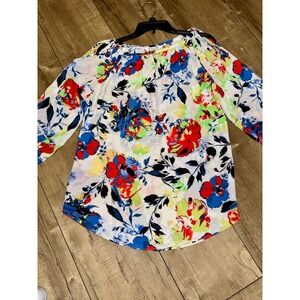 Nygard‎ Floral Blouse Size 14 White Red Blue Green Print 3/4 Sleeve Top